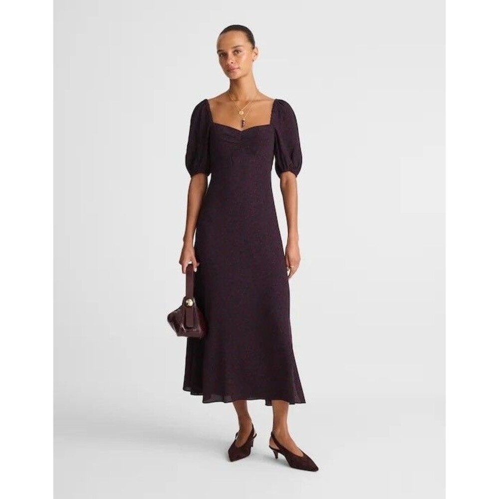 MADEWELL Puff-Sleeve Sweetheart Midi Dress 8 Leaf Burgundy Navy Crepe NWT B55